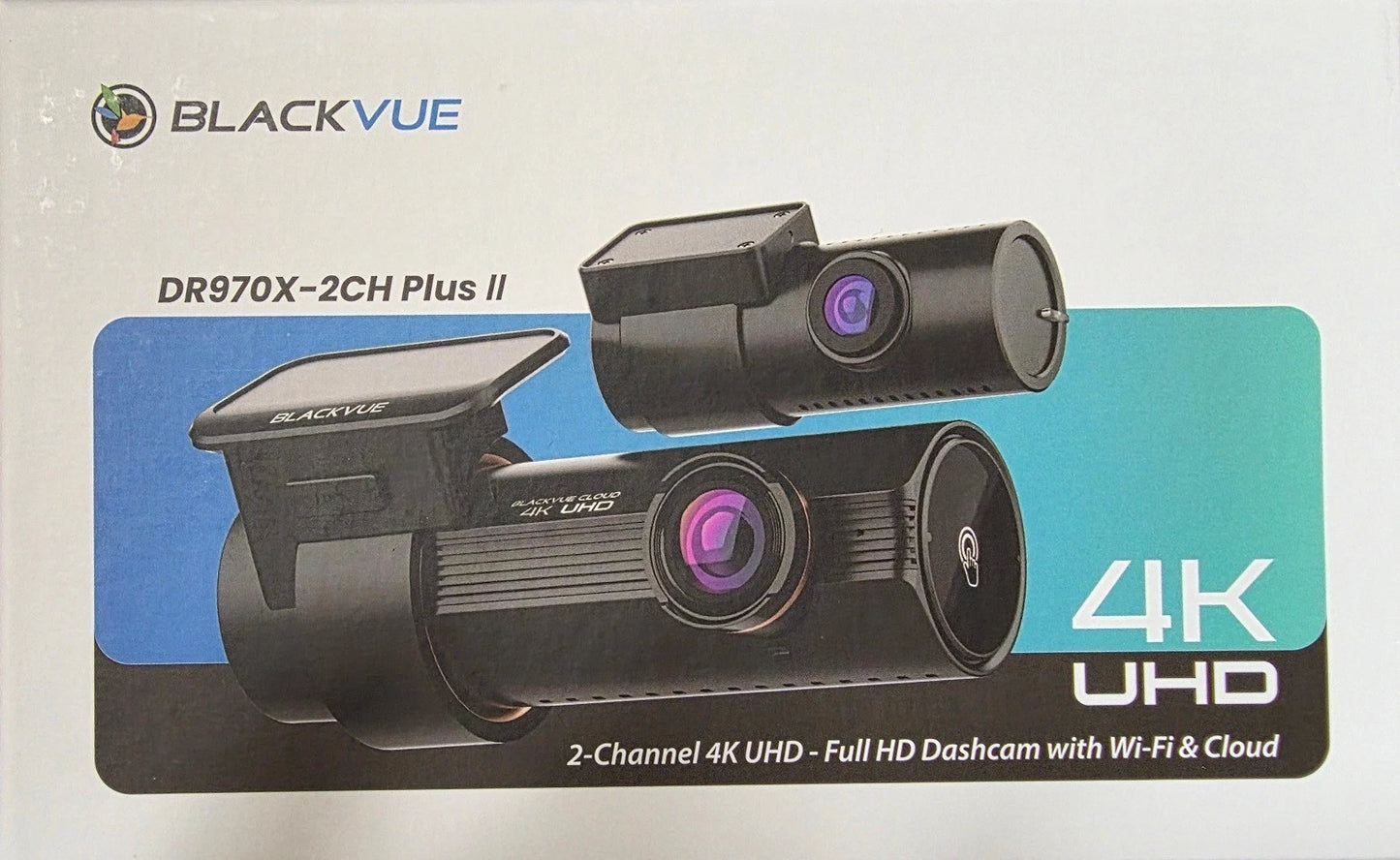BlackVue 2-channel 4K UHD dashcam packaging on a white background
