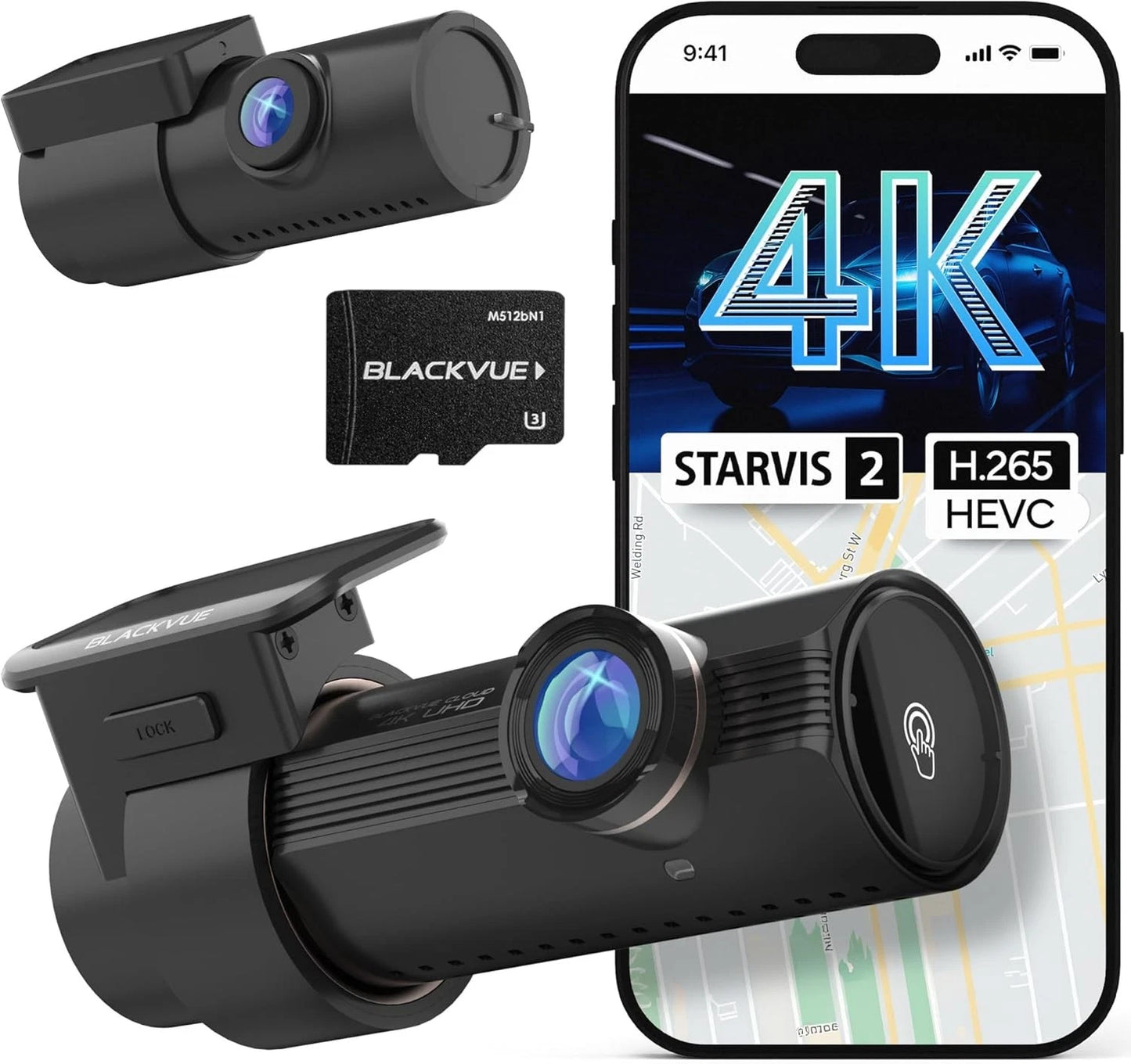 Car dashboard camera with smartphone displaying '4K' and technical specifications, Blackvue logo on memory card.