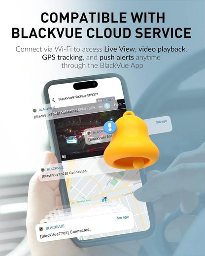 Smartphone with BlackVue app interface displaying live view and GPS tracking on a blurred background