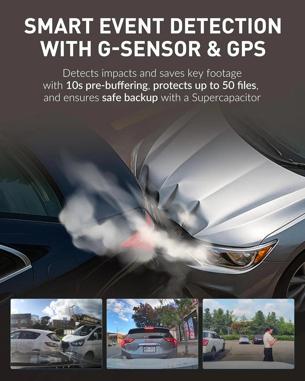 Smart event detection system with G-sensor and GPS on a car, showing impact and footage previews.